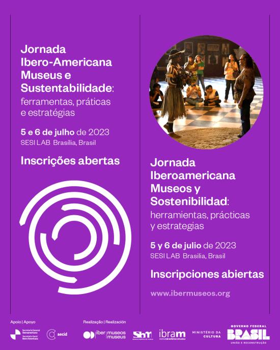 Pieza gráfica que invita a la Jornada Iberoamericana Museos y Sostenibilidad. Fondo color morado e imagen de actividad en un museo en formato circular.